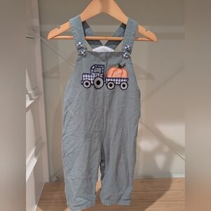 Sage Green Overalls with Pumpkin Truck Embroidery